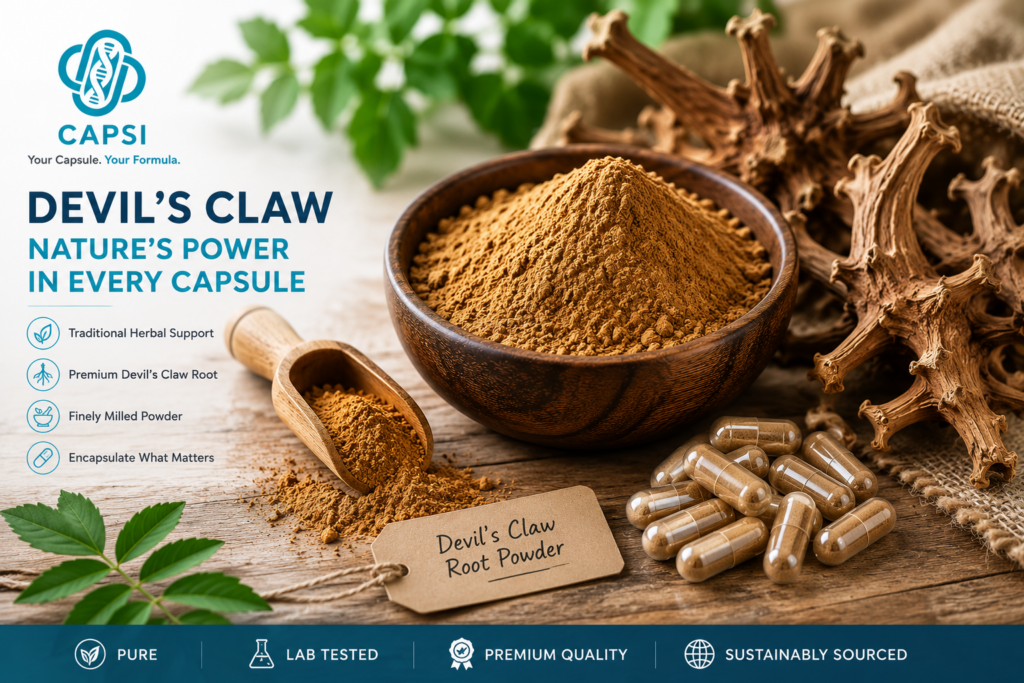 Devil’s Claw root powder beside empty capsules