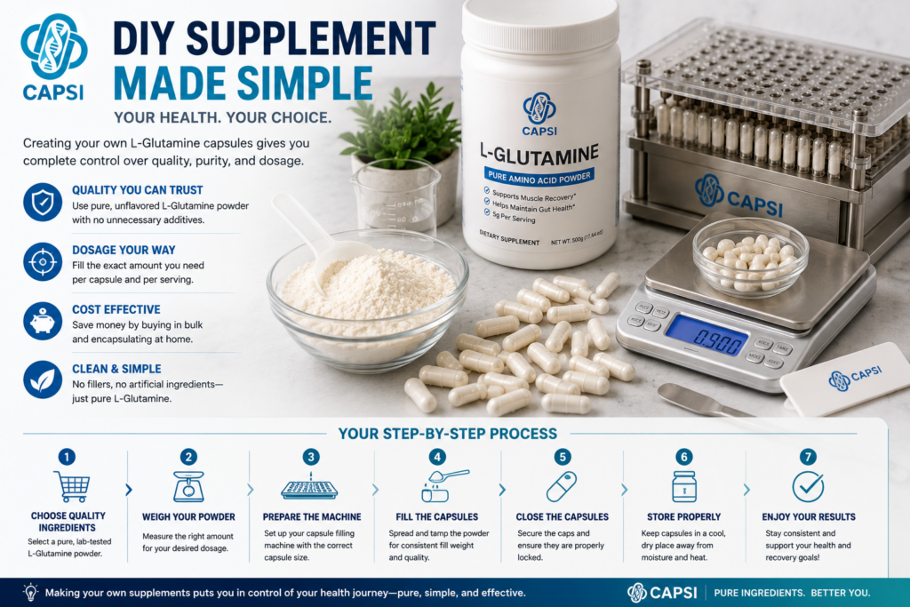 DIY L-Glutamine capsule preparation with capsule filling machine