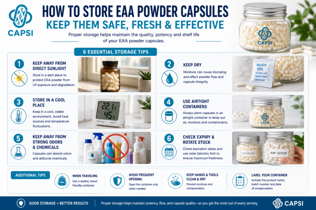 Fitness and recovery lifestyle scene with empty capsules and EAA powder