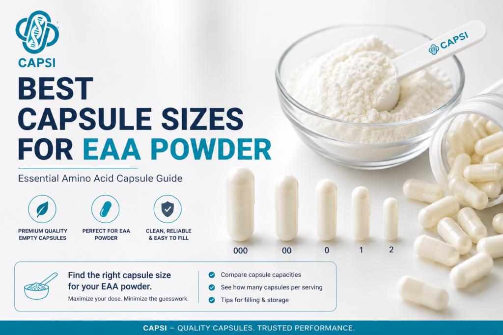 EAA powder capsule sizes guide showing empty capsules and essential amino acid powder