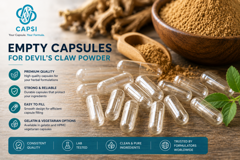 Close-up of empty capsules used for Devil’s Claw powder