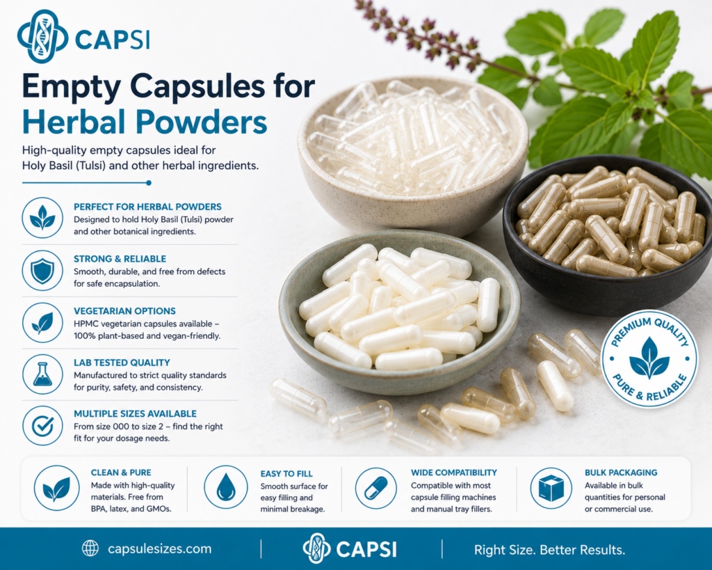 Empty capsules for herbal powders like Holy Basil