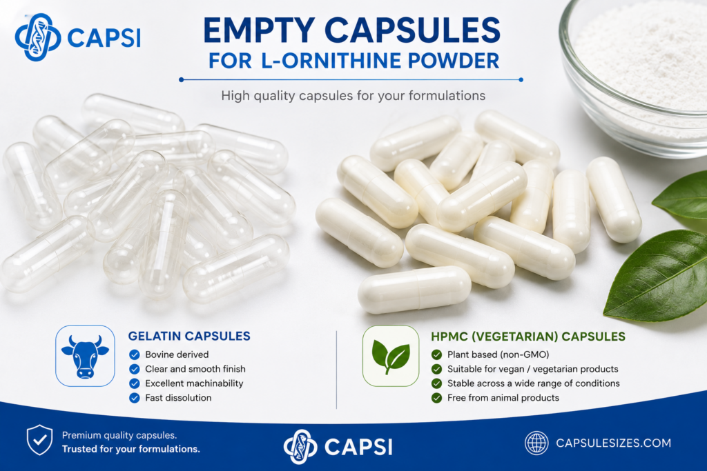 Empty gelatin and HPMC capsules suitable for encapsulating L-Ornithine powder