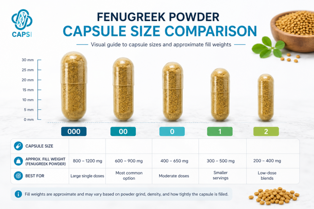 Fenugreek powder in different capsule sizes