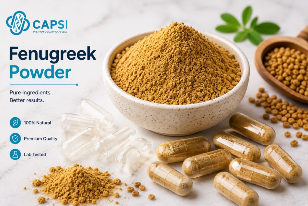 Close-up of fenugreek powder and empty capsules