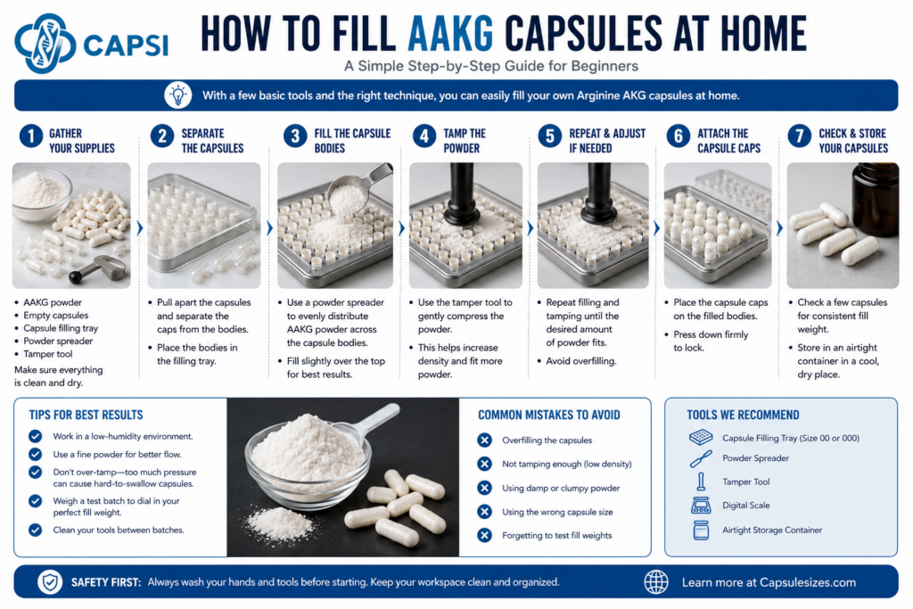 Guide showing how to fill Arginine AKG capsules at home using a capsule machine