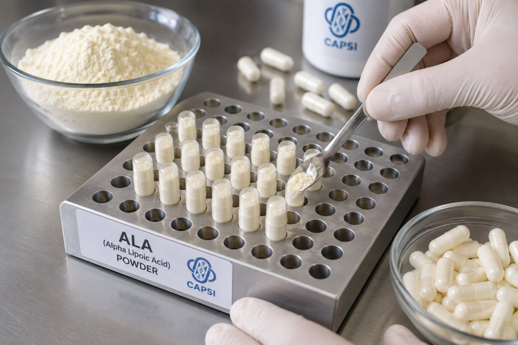 Filling empty capsules with ALA powder using capsule tray