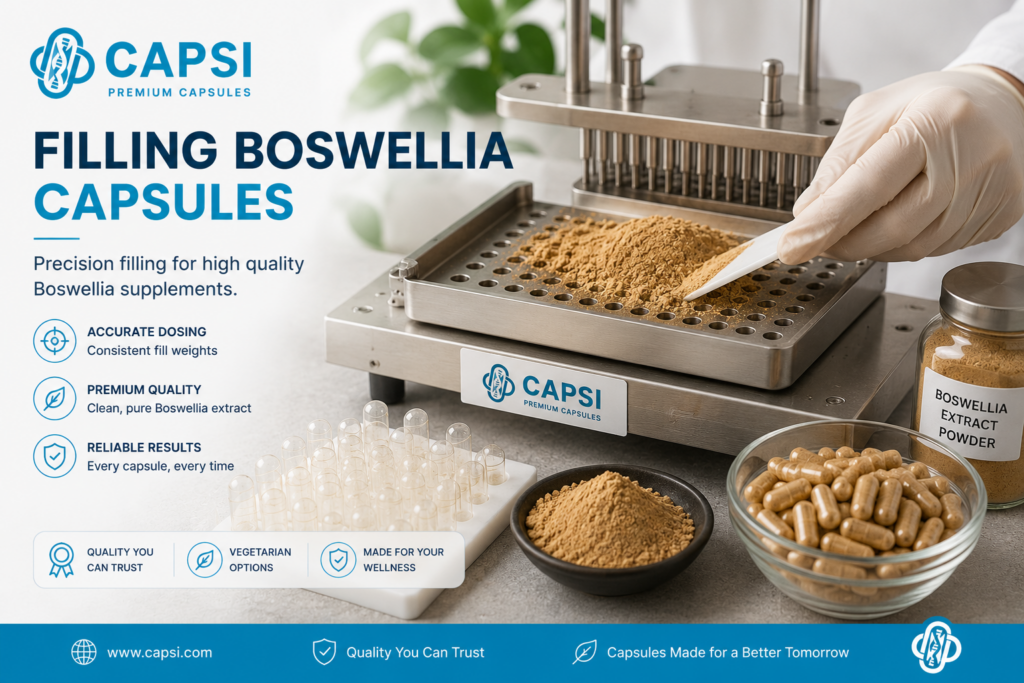 Filling Boswellia powder into capsules 