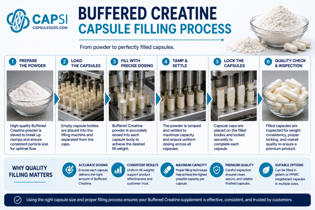 Filling Buffered Creatine powder into capsules 