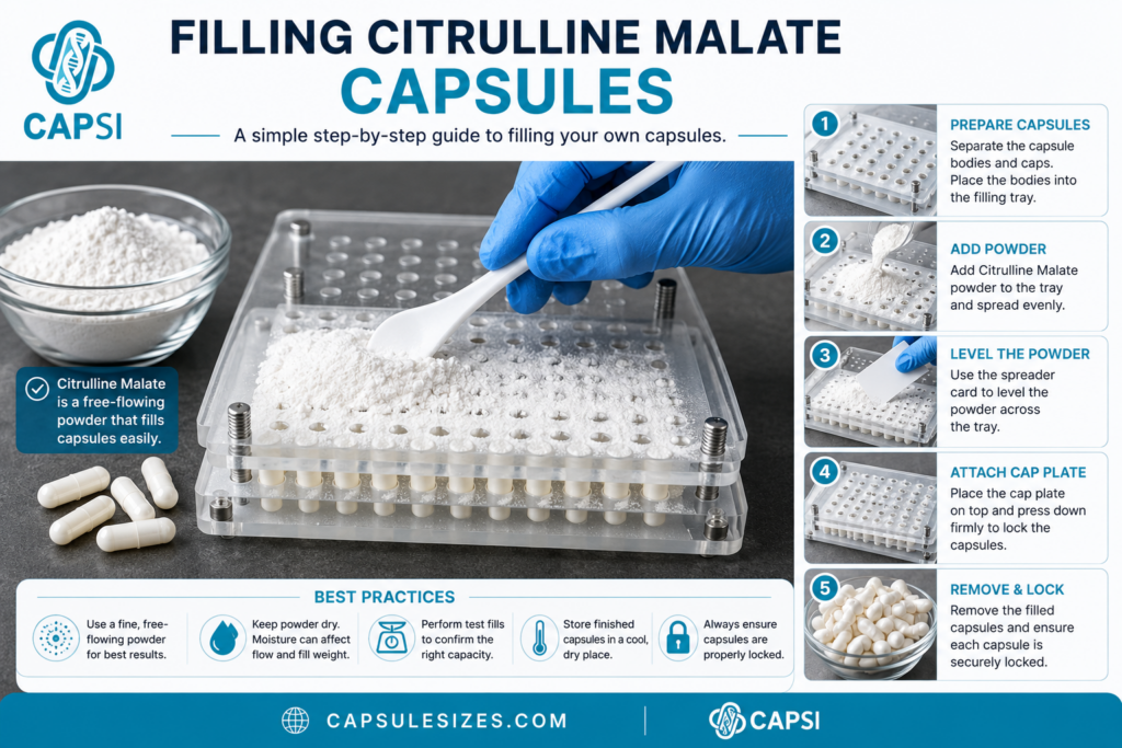 Filling Citrulline Malate powder into empty capsules using a capsule filling machine