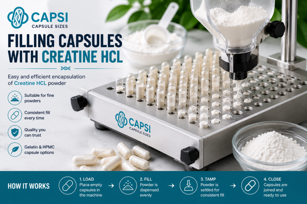 Filling empty capsules with Creatine HCL powder using a capsule machine