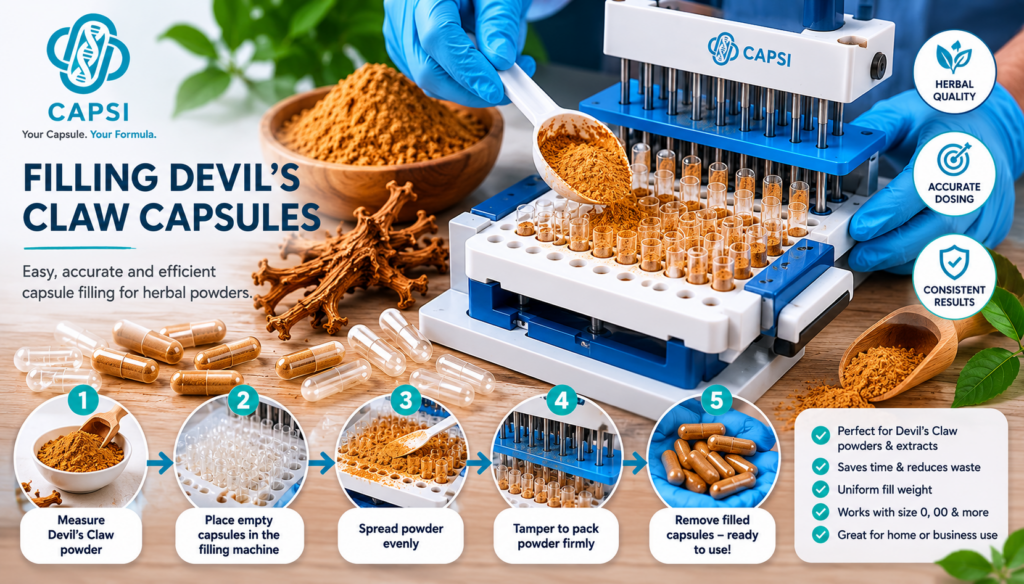 Hands using a capsule filling machine with herbal powder and empty capsules.