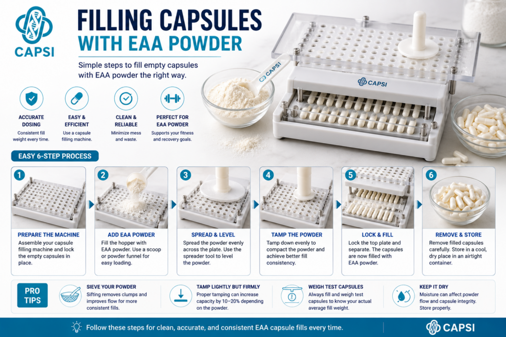 Filling empty capsules with EAA powder using a capsule machine
