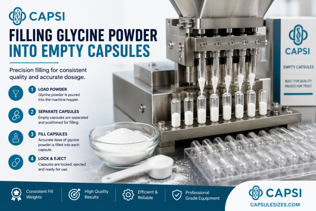 Filling glycine powder into empty capsules using capsule filling equipment