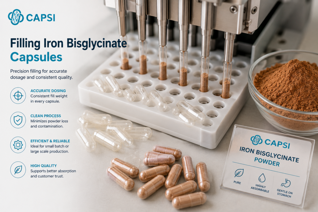 Filling Iron Bisglycinate powder into empty capsules using a capsule machine