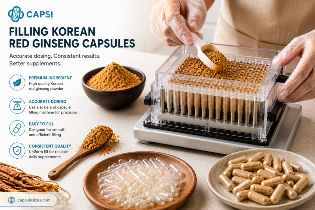 Filling Korean red ginseng powder into empty capsules