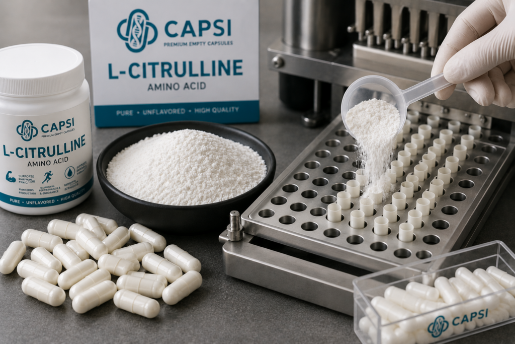 Filling L-Citrulline powder into empty capsules using a capsule filling tray