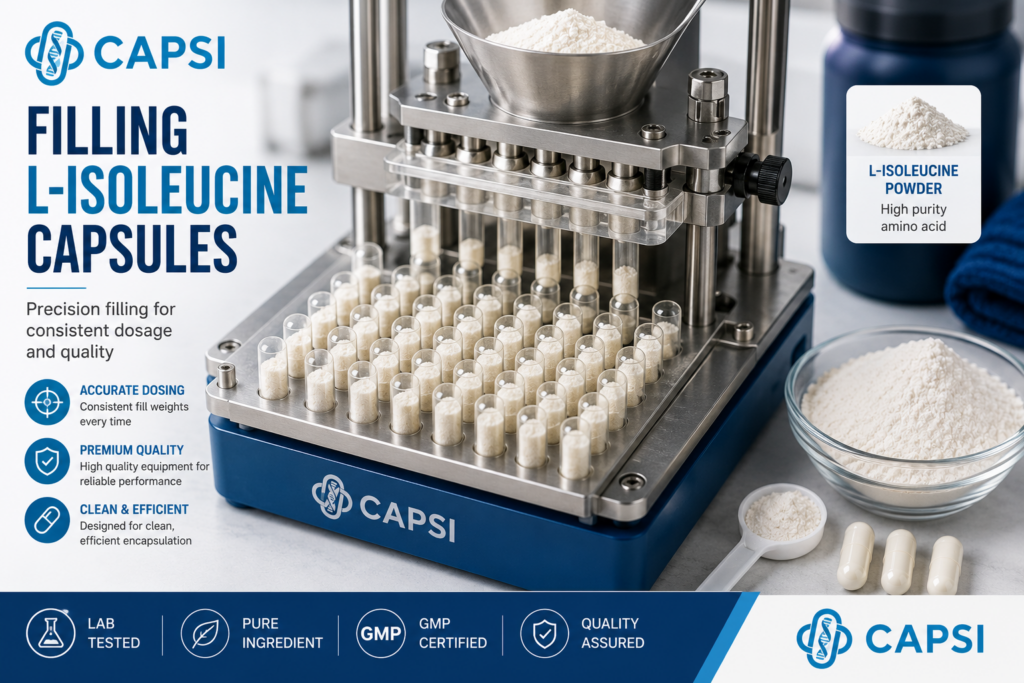 Filling empty capsules with L-Isoleucine powder using a capsule filling machine