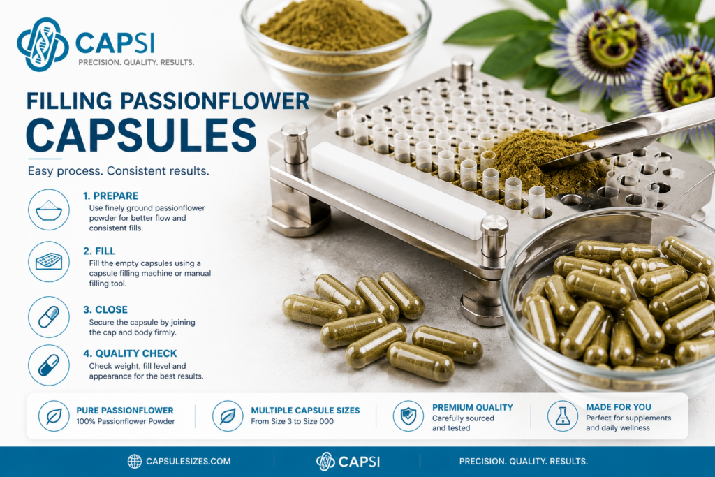 Filling passionflower powder into empty capsules using a capsule filling machine