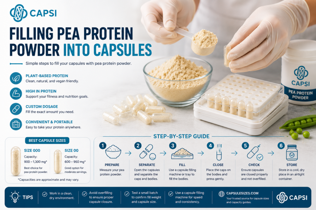 Filling pea protein powder into empty capsules step by step