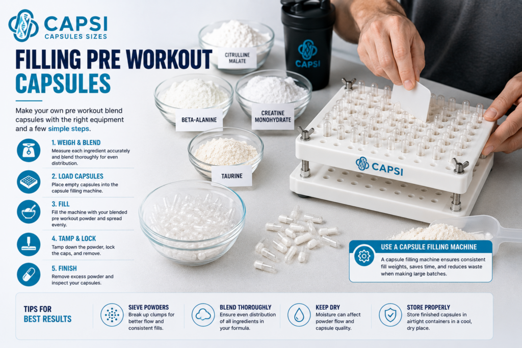 Filling pre workout powder into empty capsules using a capsule machine