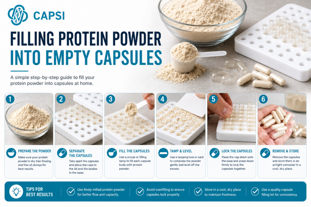 4. Filling protein powder into empty capsules