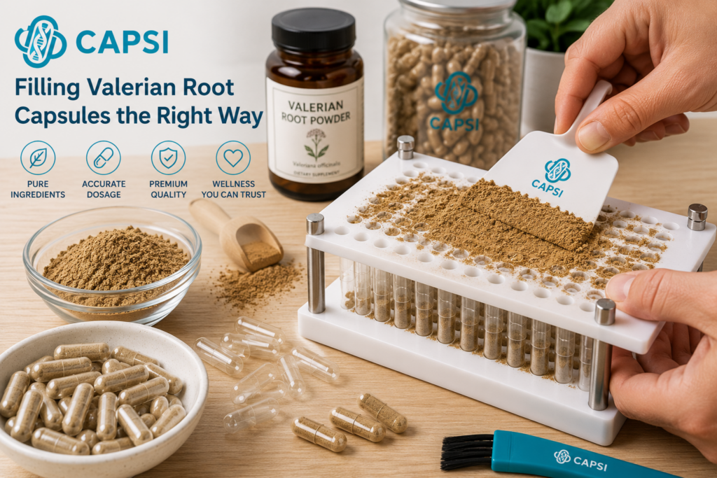 Filling valerian root powder into empty capsules using a capsule filling machine