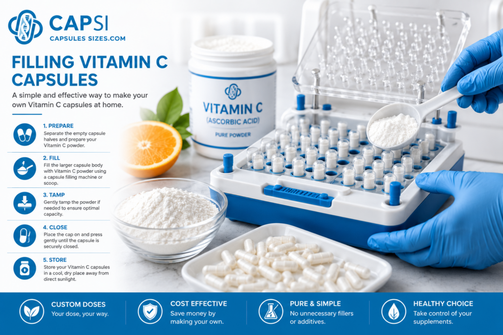 Filling empty capsules with Vitamin C powder using a capsule filling machine