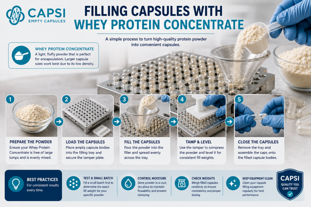 Whey protein concentrate powder being filled into empty capsules