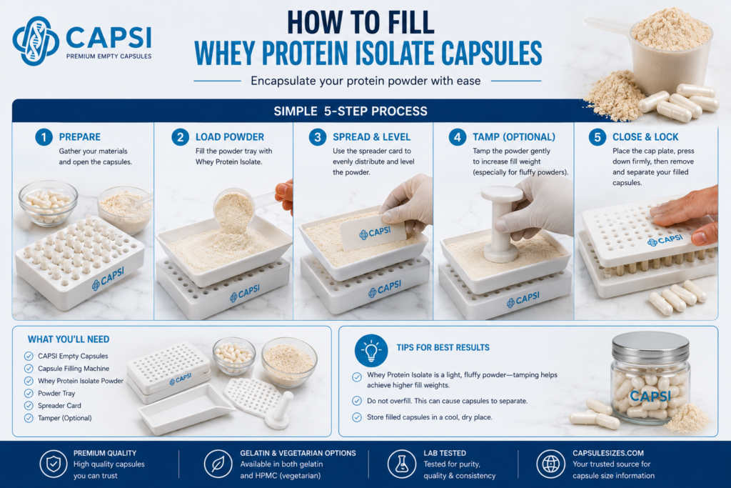 Filling empty capsules with Whey Protein Isolate powder