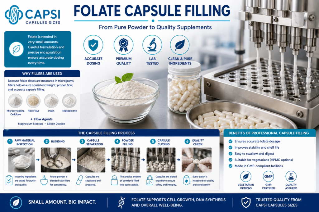 Folate capsule filling process showing powder filling and empty capsule manufacturing