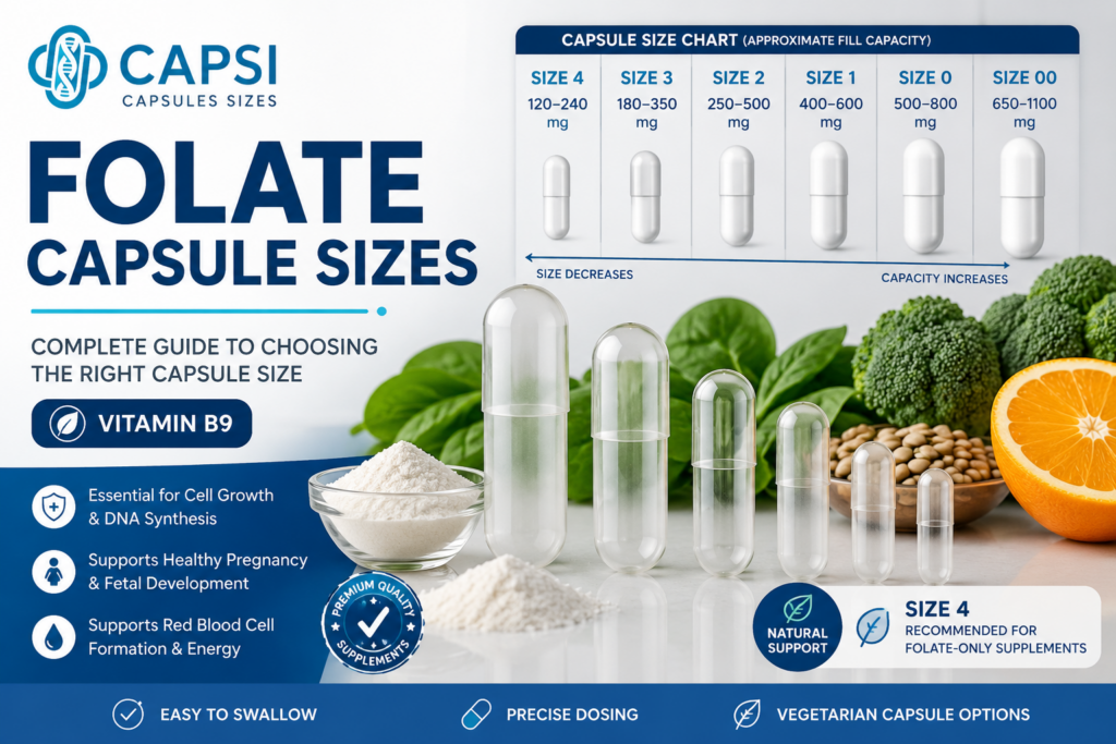 Folate capsule sizes guide showing empty capsules and vitamin B9 capsule size chart