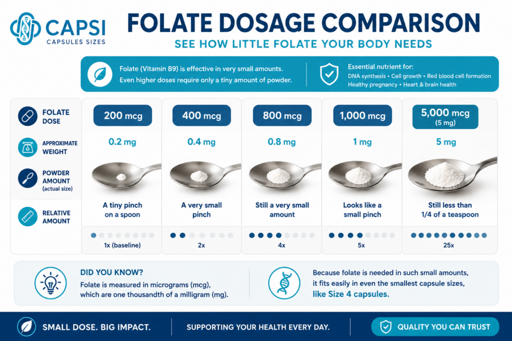 Folate dosage comparison showing 200 mcg 400 mcg 800 mcg 1000 mcg and 5 mg amounts