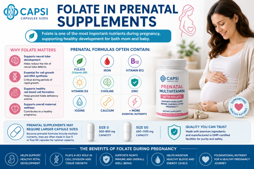 Folate in prenatal supplements showing vitamin B9 with prenatal formula ingredients