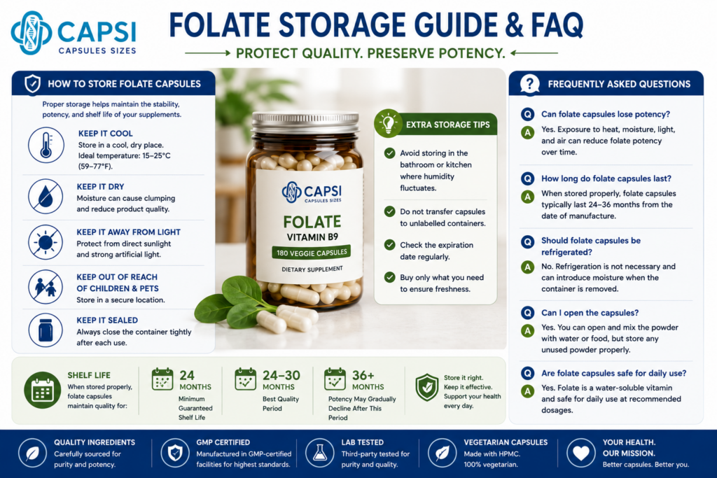Folate capsule storage guide and FAQ showing how to store vitamin B9 capsules