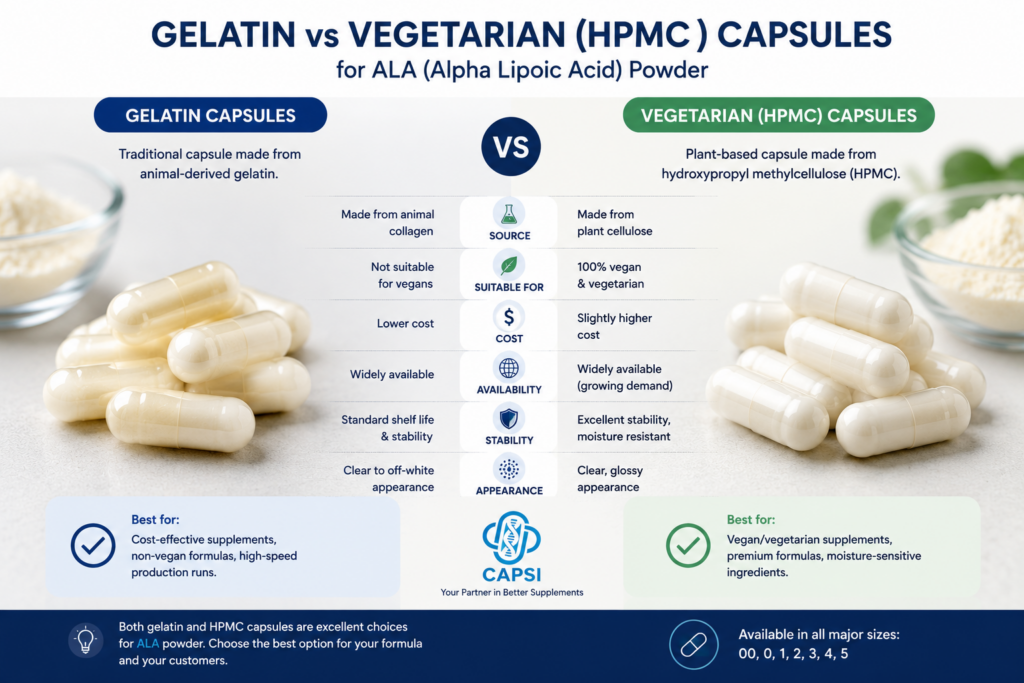 Gelatin vs vegetarian HPMC capsules for ALA powder