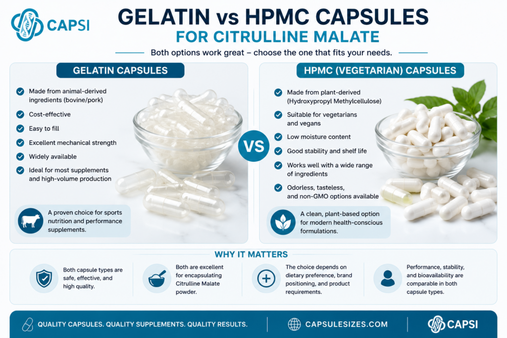 Gelatin vs HPMC vegetarian capsules for encapsulating Citrulline Malate powder