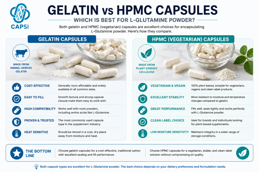 Gelatin vs HPMC vegetarian capsules for L-Glutamine powder