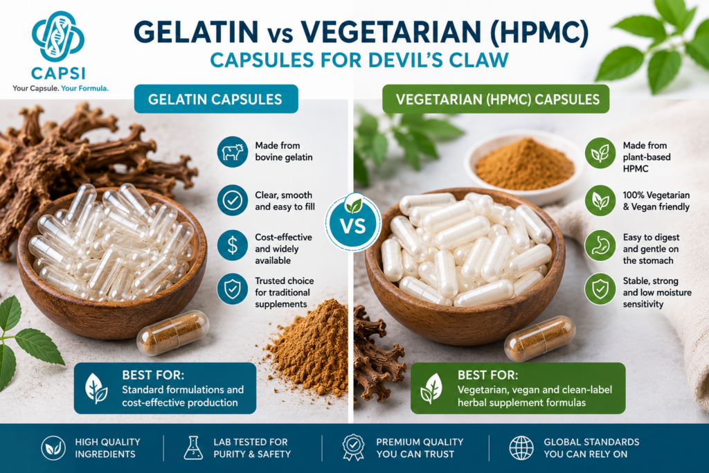 Gelatin and vegetarian capsules for Devil’s Claw supplements