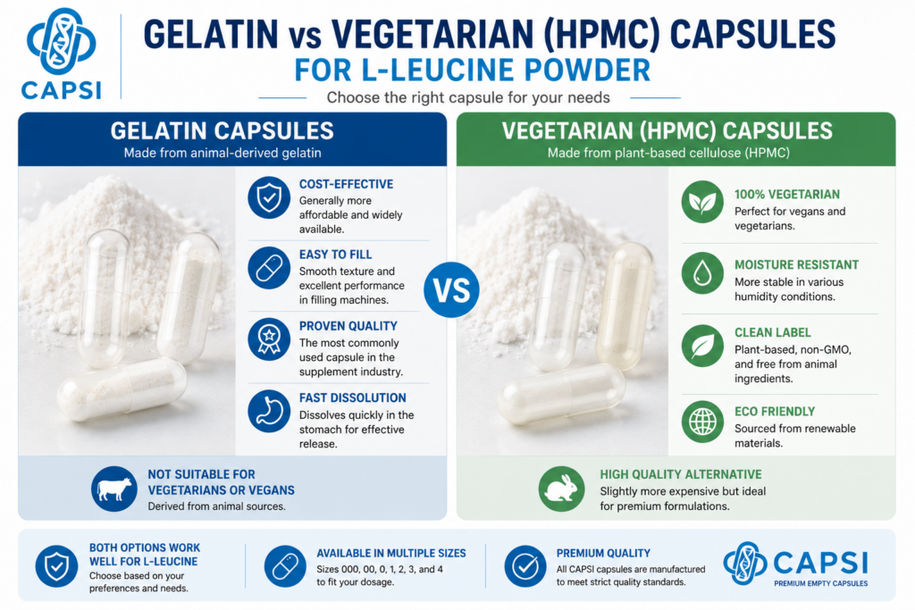Comparison of gelatin and vegetarian HPMC capsules for L-Leucine powder