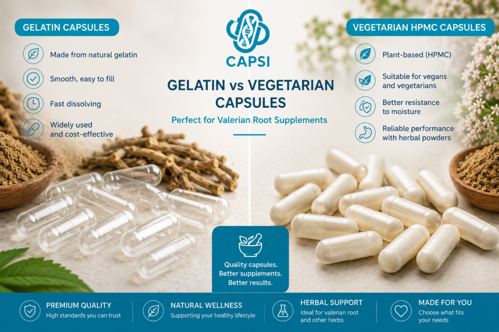 Gelatin and vegetarian HPMC capsules for valerian root supplements