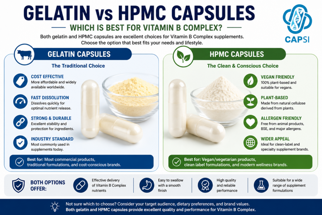 Gelatin vs HPMC capsules for Vitamin B Complex supplements