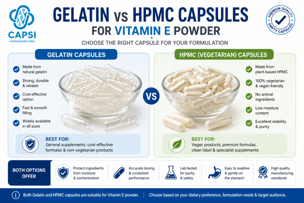 Comparison of gelatin and vegetarian HPMC capsules for Vitamin E powder