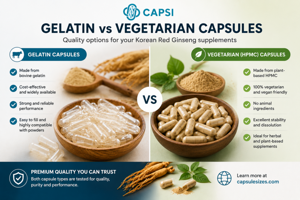 Gelatin and vegetarian capsules for Korean red ginseng supplements