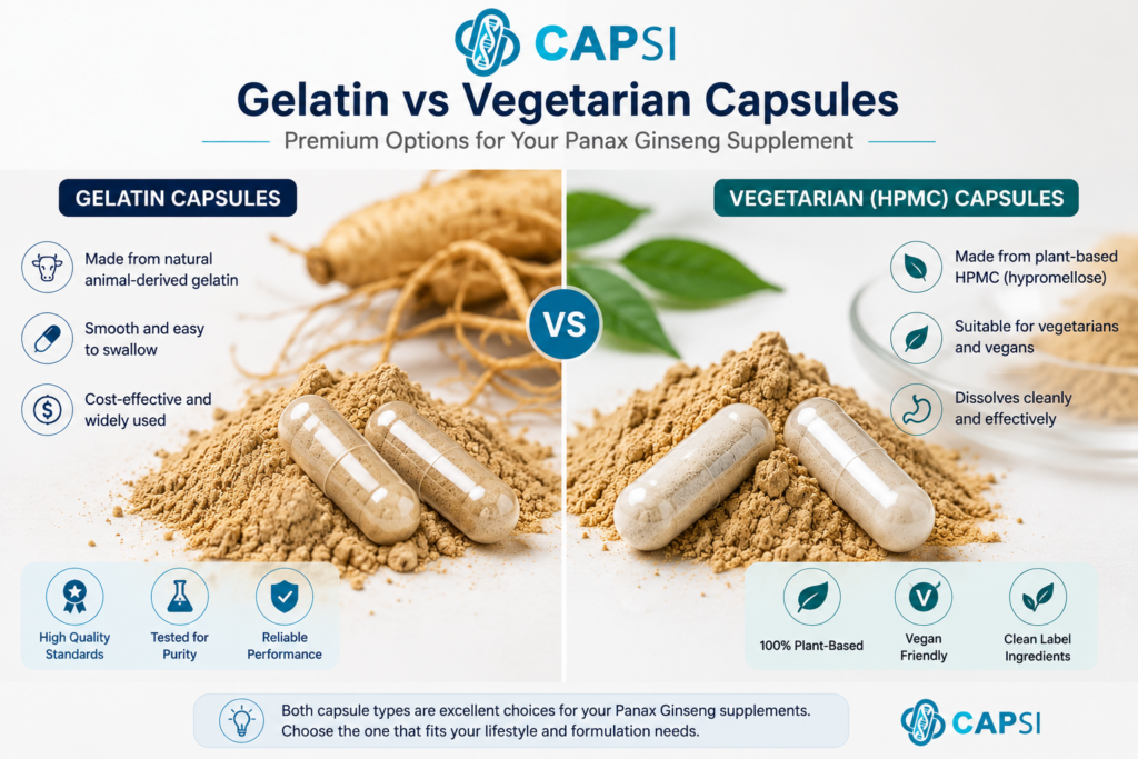 Gelatin and vegetarian capsules for Panax ginseng supplements