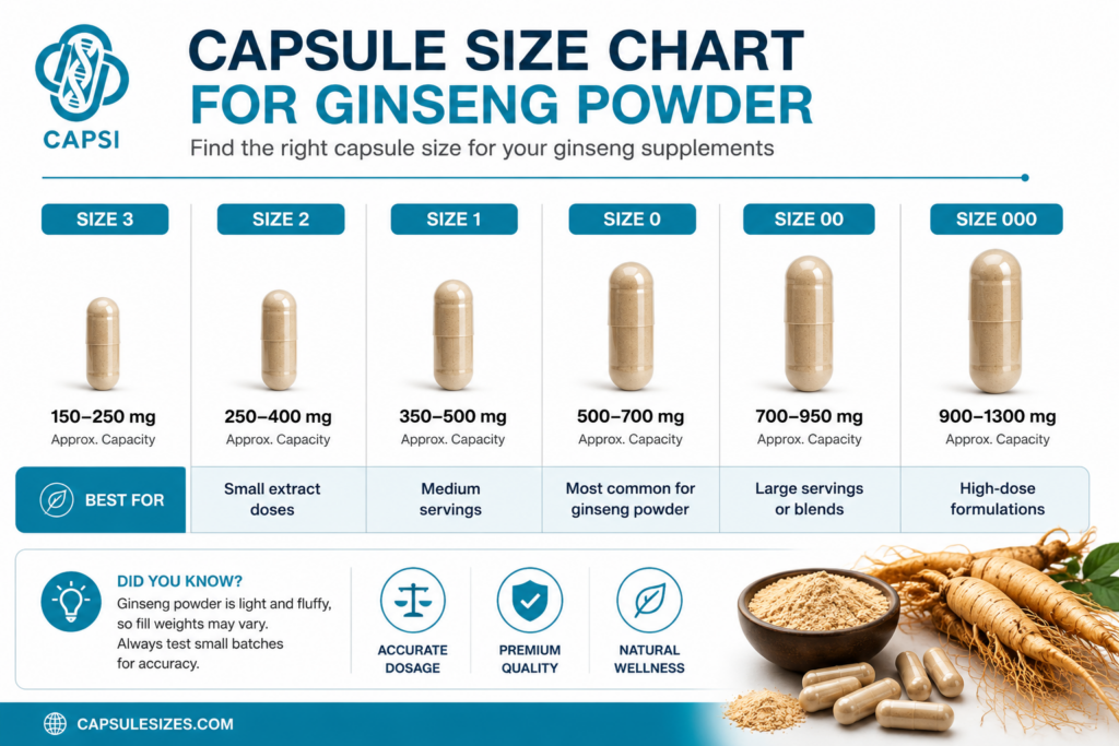 Capsule size comparison chart for ginseng powder from size 3 to size 000