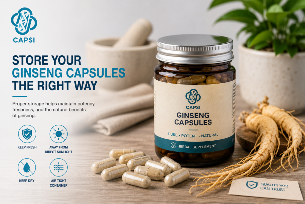 Stored ginseng capsules in airtight supplement container