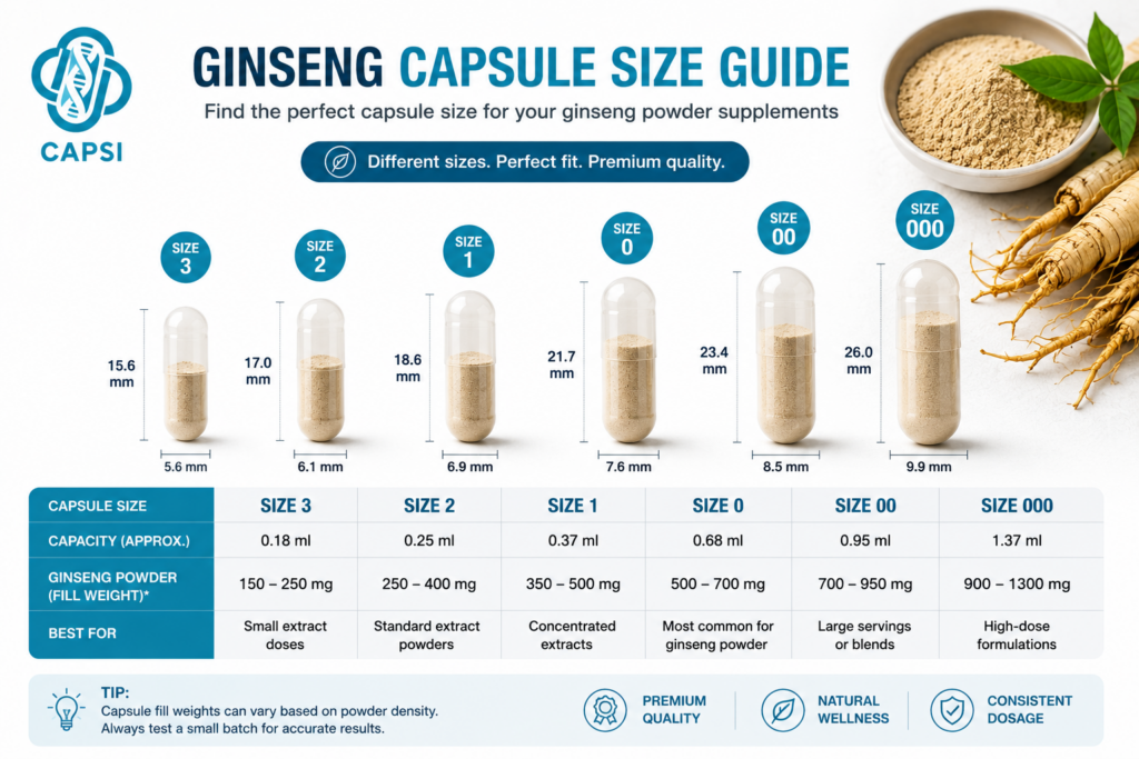 Different empty capsule sizes suitable for ginseng powder