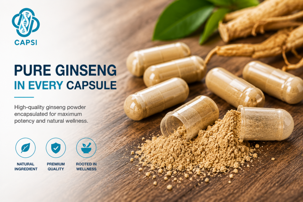 Open capsules filled with ginseng powder on wooden surface