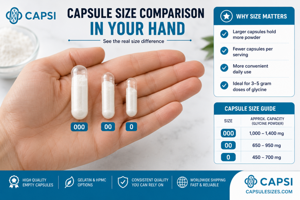 Empty capsule size comparison in hand showing sizes 000 00 and 0